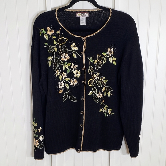TIARA International Vintage Button Down Cardigan Sweater Embroid Flowers… - Picture 1 of 14
